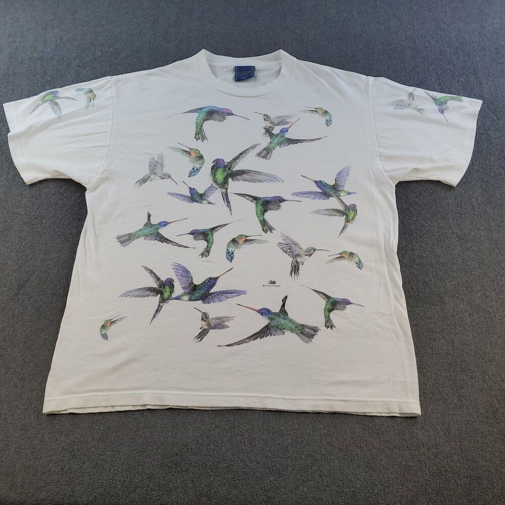 Vintage Harborside Graphics Hummingbird TShirt Mens Size Large White Made in USA